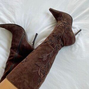 Beaded Suede Healed Knee High Boots